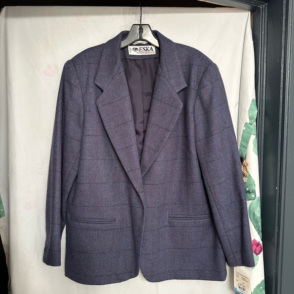 eska internationale women’s gray 100% wool check Lined blazer jacket size 14 - Picture 1 of 13